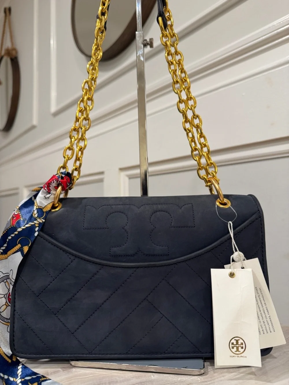 Tory Burch Bag Alexa Convertible Nubuck Suede Dark Navy Chevron Shoulder Bag - Picture 4 of 17